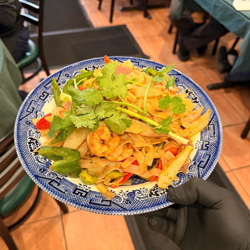 A gloved hand holds a blue and white plate of Vietnamese stir-fried noodles with shrimp and vegetables.
